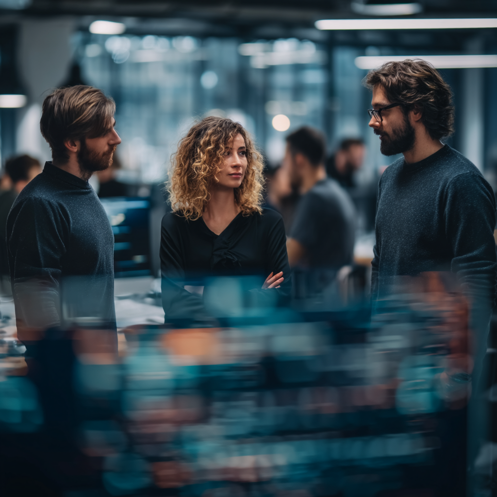 Three people in an office setting discussing. Woman in black, two men in gray. Blurred background of desks.