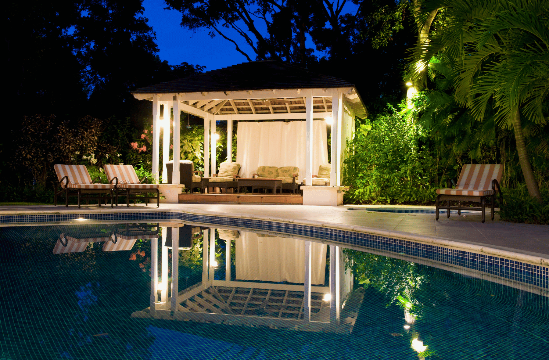 A gazebo sits next to a swimming pool at night