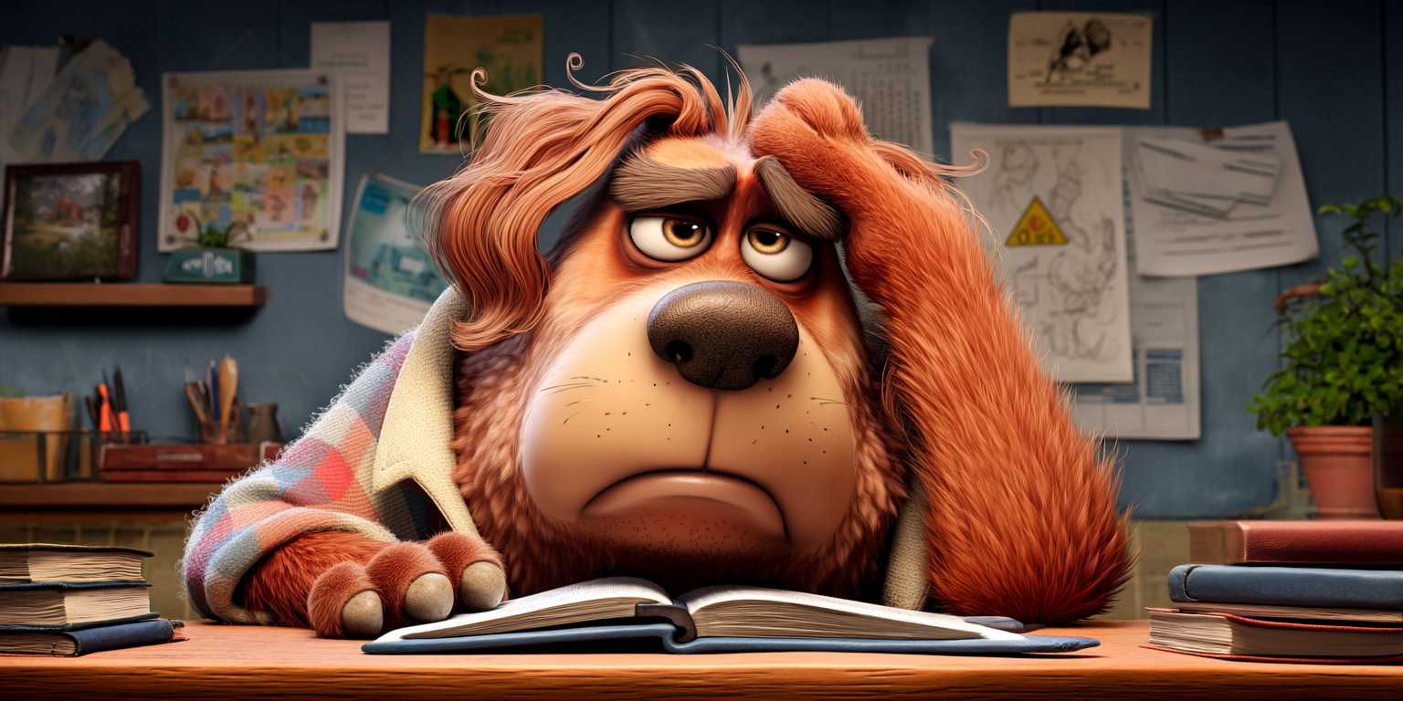 A stressed, animated dog with his hand on his head, studying at a desk cluttered with books and papers.