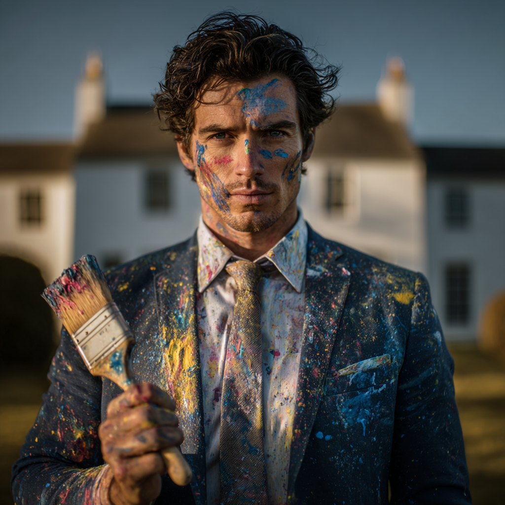 Man in suit covered in paint, holding brush, facing camera; house in background.
