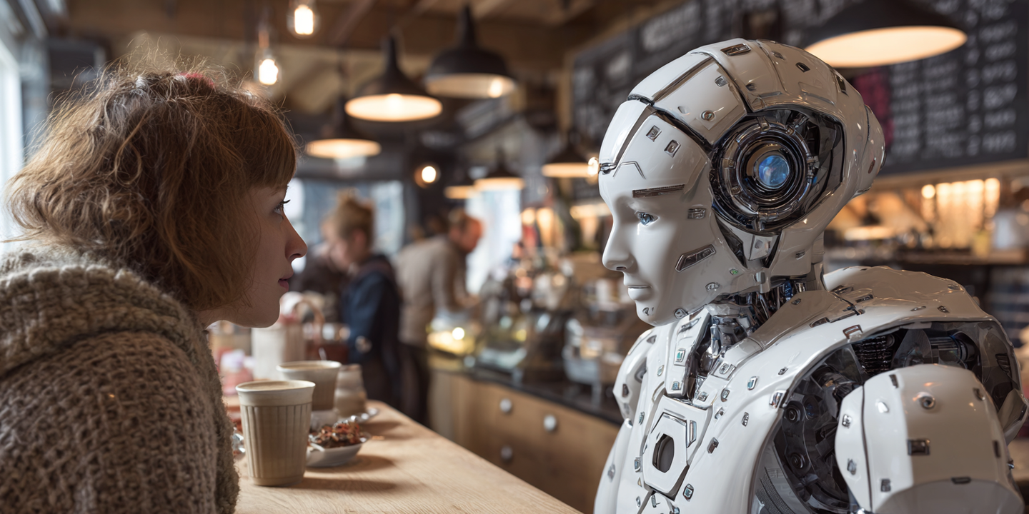 A woman and robot in a cafe are facing each other, conversing. Neutral expressions, warm setting with overhead lights.