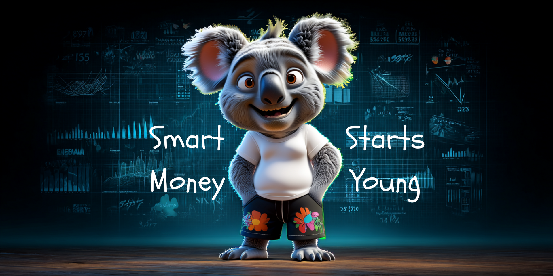 Cartoon koala in shorts and a t-shirt with text