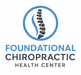 Logo of Foundational Chiropractic Health Center: spinal column in blue circle, blue and gray text.