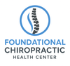 Logo of Foundational Chiropractic Health Center: spinal column in blue circle, blue and gray text.