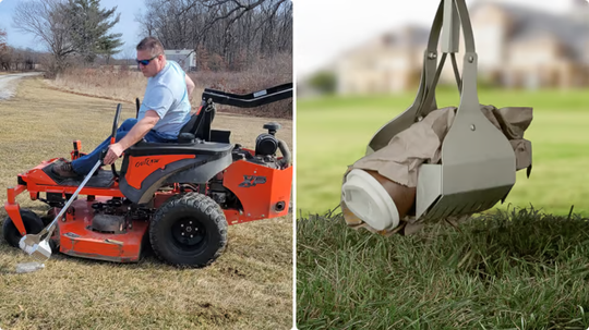 A man is riding a lawn mower next to a picture of a coffee cup in the grass.