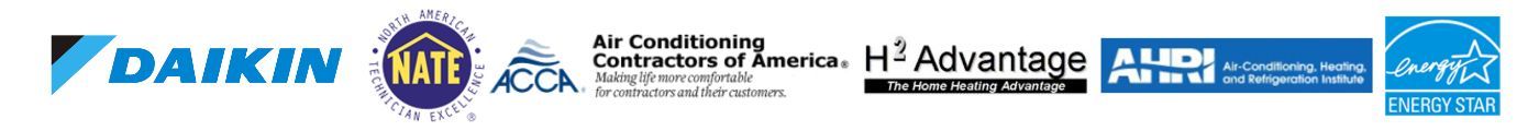 Row of blue and gray organizational logos on a white banner, including Daikin and ACI.