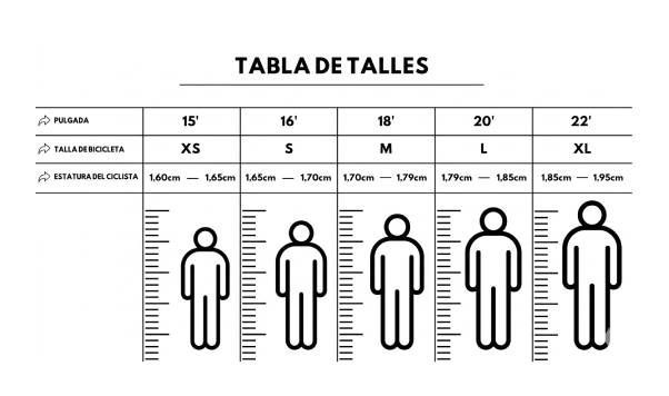 Tabla de tallas de bicicletas que relaciona el tamaño del cuadro en pulgadas, el tamaño de la letra.