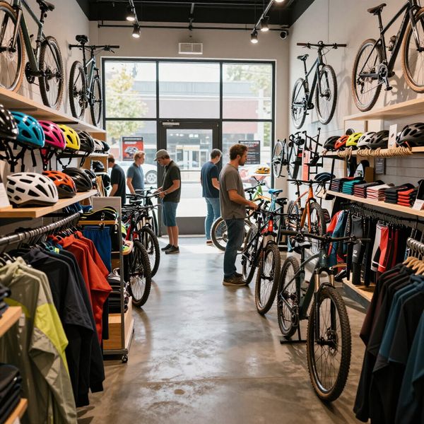 La gente mira una tienda de bicicletas repleta de bicicletas en las paredes, percheros con ropa y estantes con cascos.