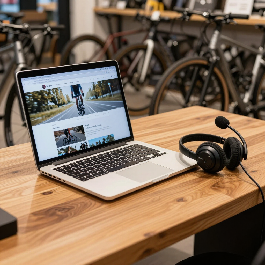 En una mesa de madera de una tienda de bicicletas, con bicicletas al fondo, se ve un ordenador portátil.