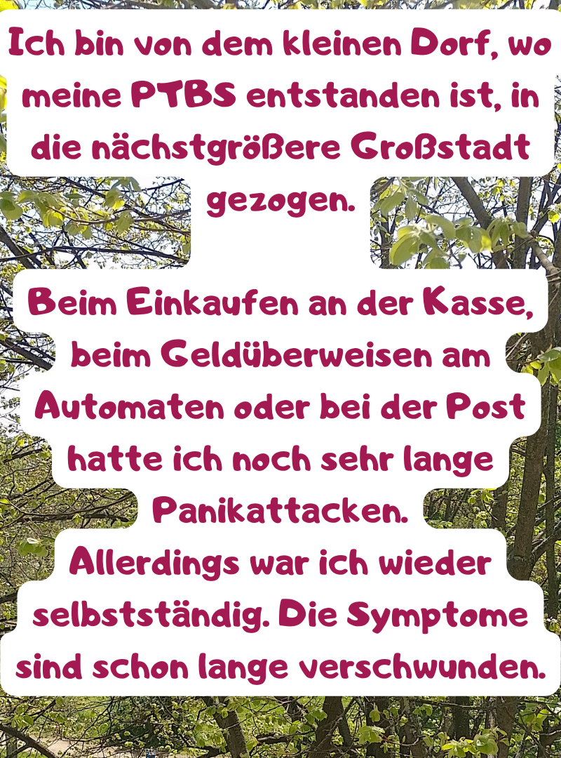 Ich bin von dem kleinen Dorf, wo meine PTBS entstanden ist, in die nächstgrößere Großstadt gezogen.
Beim Einkaufen an der Kasse, beim Geldüberweisen am Automaten oder bei der Post hatte ich noch sehr lange Panikattacken.
Allerdings war ich wieder selbstständig. Die Symptome sind schon lange verschwunden.