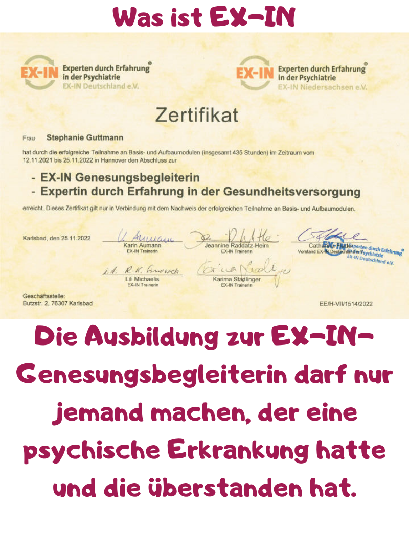 Was ist EX-IN.
Die Ausbildung zur EX-IN-Genesungsbegleiterin darf nur jemand machen, der eine psychische Erkrankung hatte und die überstanden hat.
