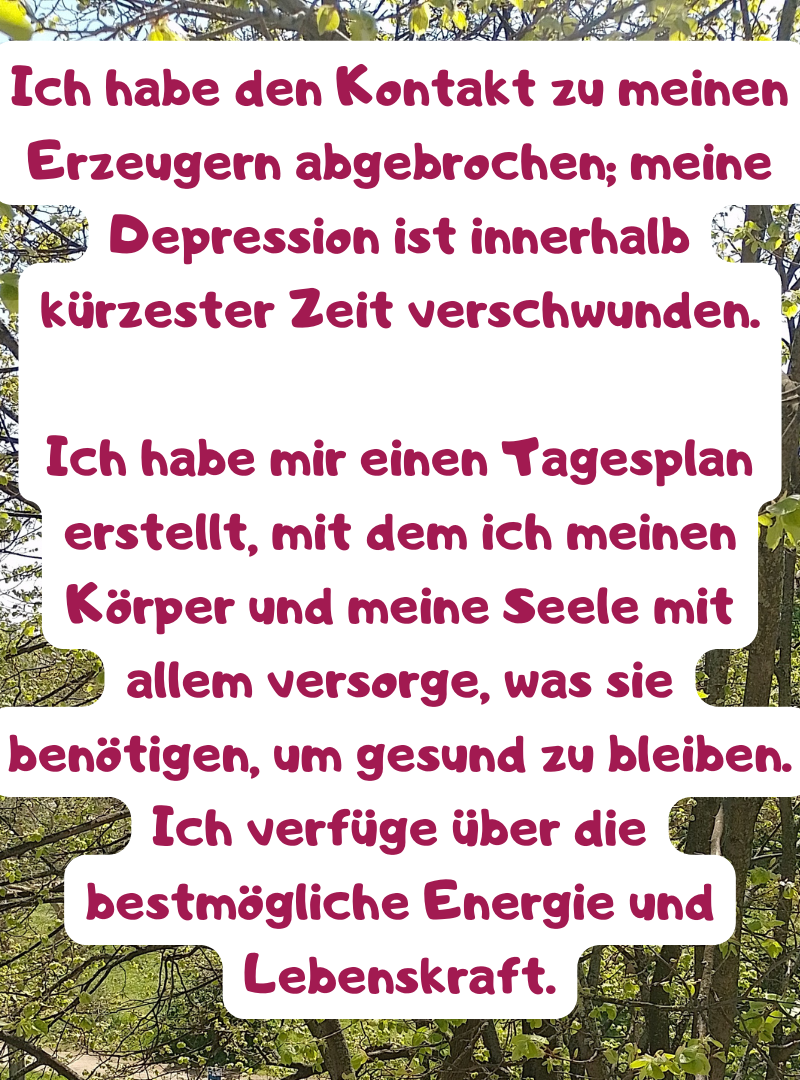 Ich habe den Kontakt zu meinen Erzeugern abgebrochen; meine Depression ist innerhalb kürzester Zeit verschwunden.
Ich habe mir einen Tagesplan erstellt, mit dem ich meinen Körper und meine Seele mit allem versorge, was sie benötigen, um gesund zu bleiben.
Ich verfüge über die bestmögliche Energie und Lebenskraft.