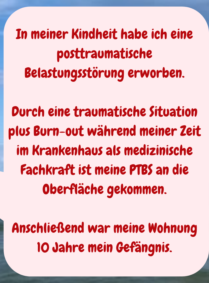 In meiner Kindheit habe ich eine posttraumatische Belastungsstörung erworben.
Durch eine traumatische Situation plus Burn-out während meiner Zeit im Krankenhaus als medizinische Fachkraft ist meine PTBS an die Oberfläche gekommen.
Anschließend war meine Wohnung 10 Jahre mein Gefängnis.