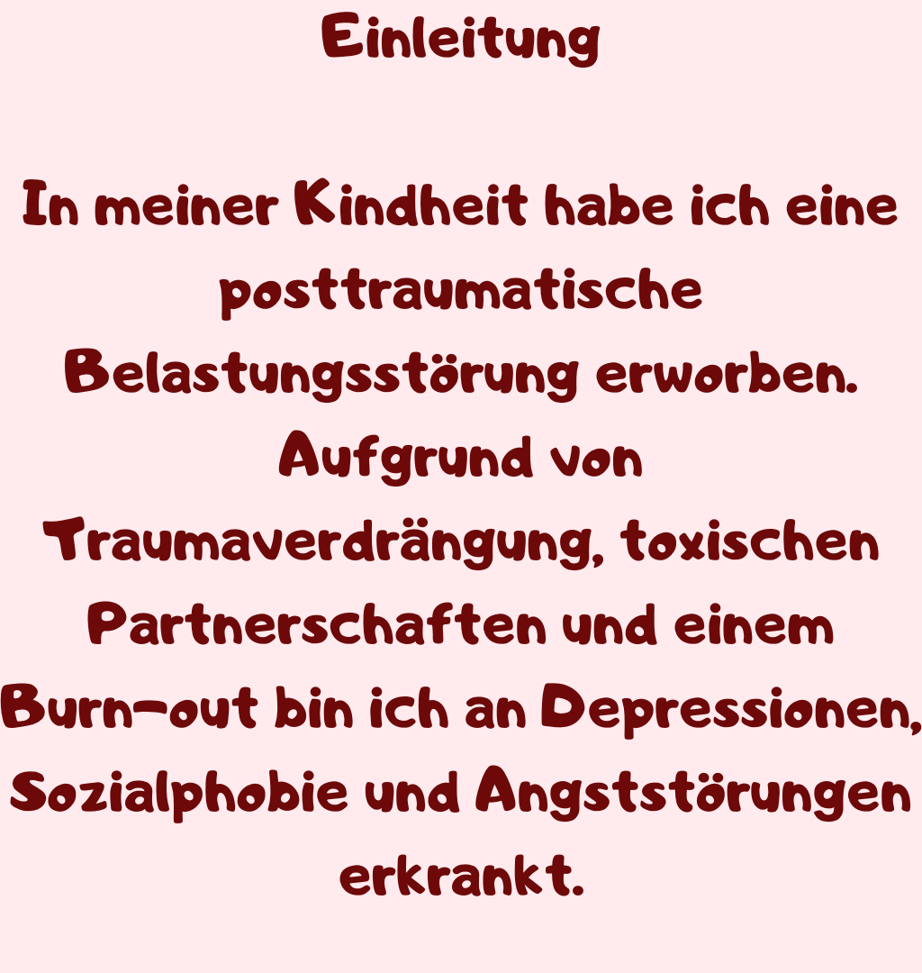 Einleitung
In meiner Kindheit habe ich eine posttraumatische Belastungsstörung erworben.
Aufgrund von Traumaverdrängung, toxischen Partnerschaften und einem Burn-out bin ich an Depressionen, Sozialphobie und Angststörungen erkrankt.
