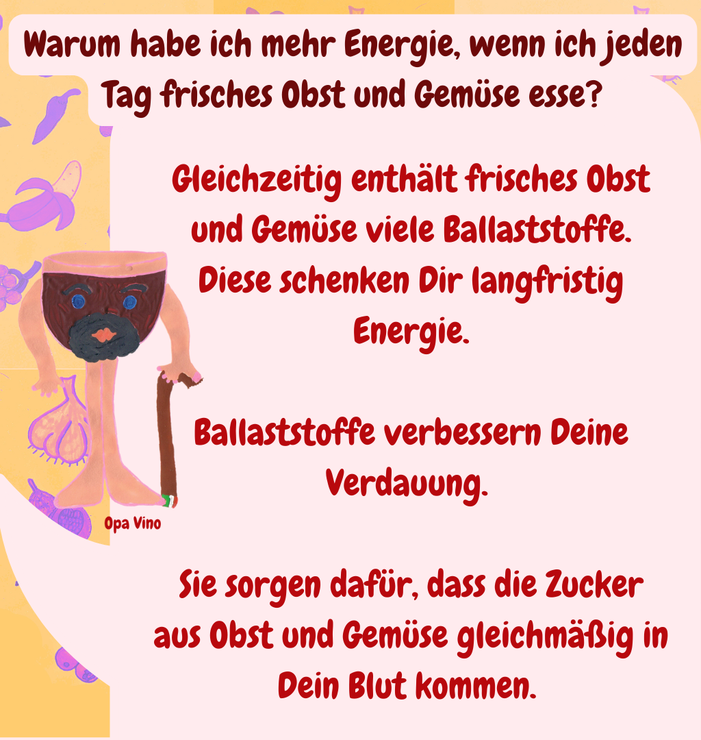 Warum habe ich mehr Energie, wenn ich jeden Tag frisches Obst und Gemüse esse?
Gleichzeitig enthält frisches Obst und Gemüse viele Ballaststoffe.
Diese schenken Dir langfristig Energie.
Ballaststoffe verbessern Deine Verdauung. 
Sie sorgen dafür, dass die Zucker aus Obst und Gemüse gleichmäßig in Dein Blut kommen. 
