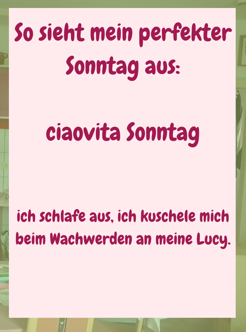 So sieht mein perfekter Sonntag aus:
ciaovita Sonntag
ich schlafe aus, ich kuschele mich beim Wachwerden an meine Lucy.