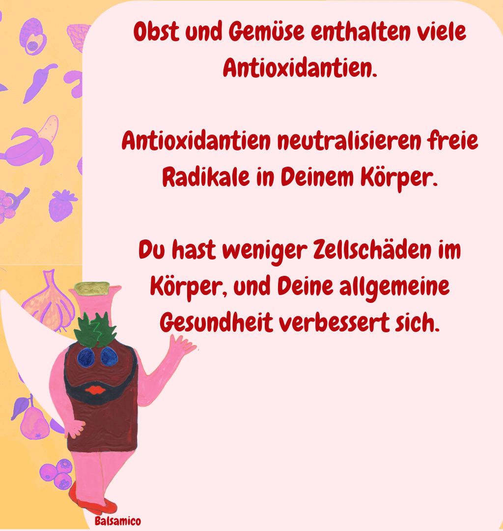 Obst und Gemüse enthalten viele Antioxidantien.
Antioxidantien neutralisieren freie Radikale in Deinem Körper.
Du hast weniger Zellschäden im Körper, und Deine allgemeine Gesundheit verbessert sich.
