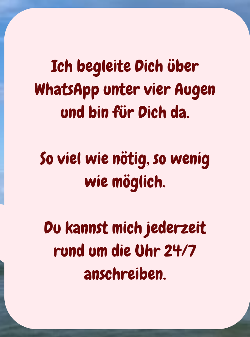 Ich begleite Dich über WhatsApp unter vier Augen und bin für Dich da.
So viel wie nötig, so wenig wie möglich.
Du kannst mich jederzeit rund um die Uhr 24/7 anschreiben.
