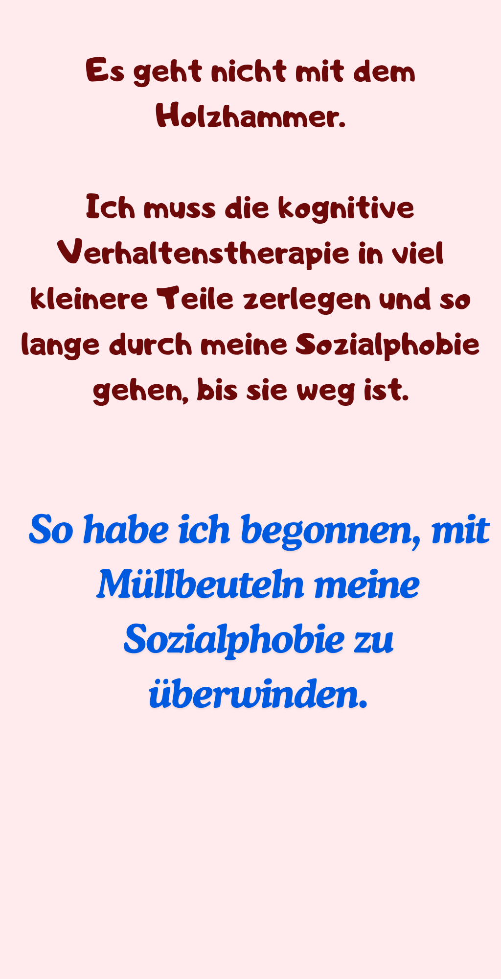 Es geht nicht mit dem Holzhammer.
Ich muss die kognitive Verhaltenstherapie in viel kleinere Teile zerlegen und so lange durch meine Sozialphobie gehen, bis sie weg ist.
So habe ich begonnen, mit Müllbeuteln meine Sozialphobie zu überwinden.
