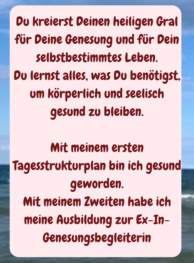 Du kreierst Deinen heiligen Gral für Deine Genesung und für Dein selbstbestimmtes Leben.
Du lernst alles, was Du benötigst, um körperlich und seelisch gesund zu bleiben.
Mit meinem ersten Tagesstrukturplan bin ich gesund geworden.
Mit meinem Zweiten habe ich meine Ausbildung zur Ex-In-Genesungsbegleiterin
