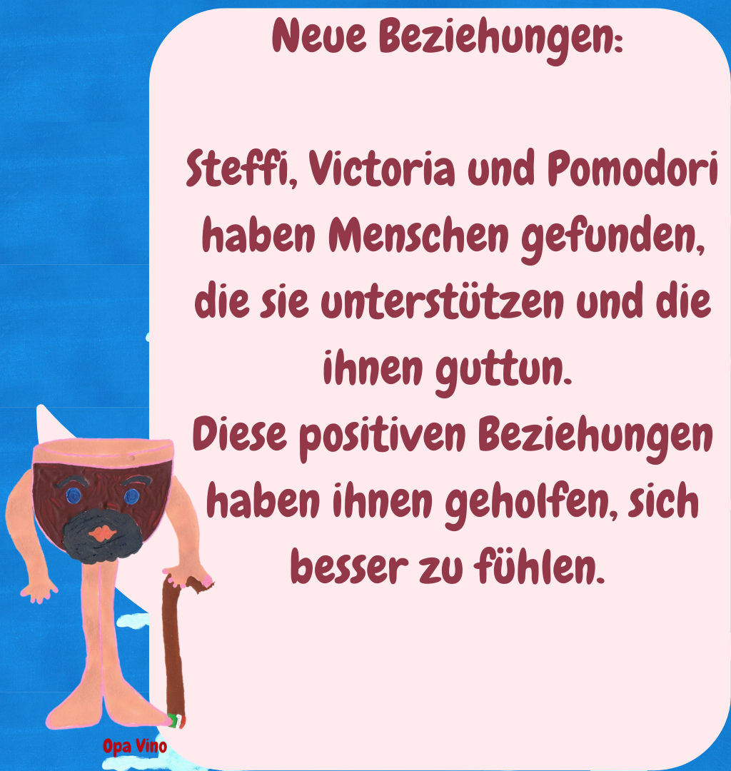 Neue Beziehungen: 
Steffi, Victoria und Pomodori haben Menschen gefunden, die sie unterstützen und die ihnen guttun. 
Diese positiven Beziehungen haben ihnen geholfen, sich besser zu fühlen. 
