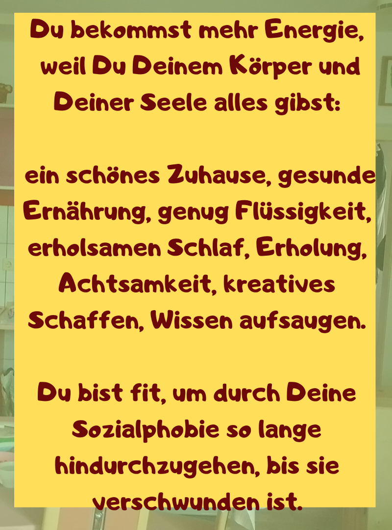 Du bekommst mehr Energie,
weil Du Deinem Körper und Deiner Seele alles gibst:
ein schönes Zuhause, gesunde Ernährung, genug Flüssigkeit, erholsamen Schlaf, Erholung, Achtsamkeit, kreatives Schaffen, Wissen aufsaugen.
Du bist fit, um durch Deine Sozialphobie so lange hindurchzugehen, bis sie verschwunden ist.