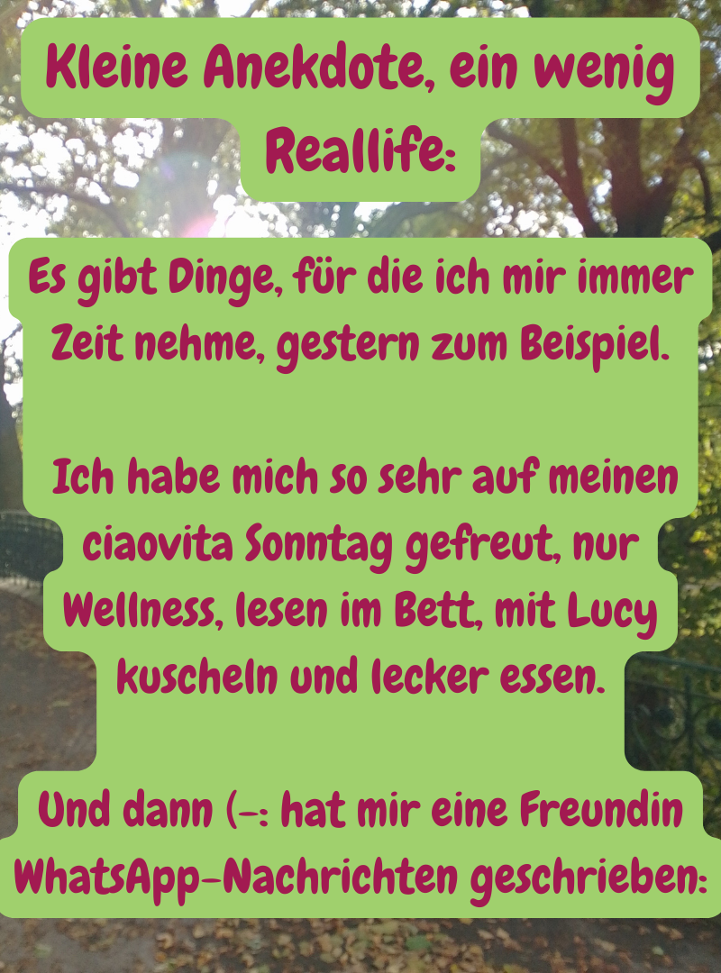 Kleine Anekdote, ein wenig Reallife:Es gibt Dinge, für die ich mir immer Zeit nehme, gestern zum Beispiel.
Ich habe mich so sehr auf meinen ciaovita Sonntag gefreut, nur Wellness, lesen im Bett, mit Lucy kuscheln und lecker essen.
Und dann (-: hat mir eine Freundin WhatsApp-Nachrichten geschrieben: