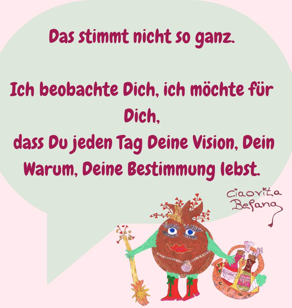 Das stimmt nicht so ganz.
Ich beobachte Dich, ich möchte für Dich,
 dass Du jeden Tag Deine Vision, Dein Warum, Deine Bestimmung lebst.
