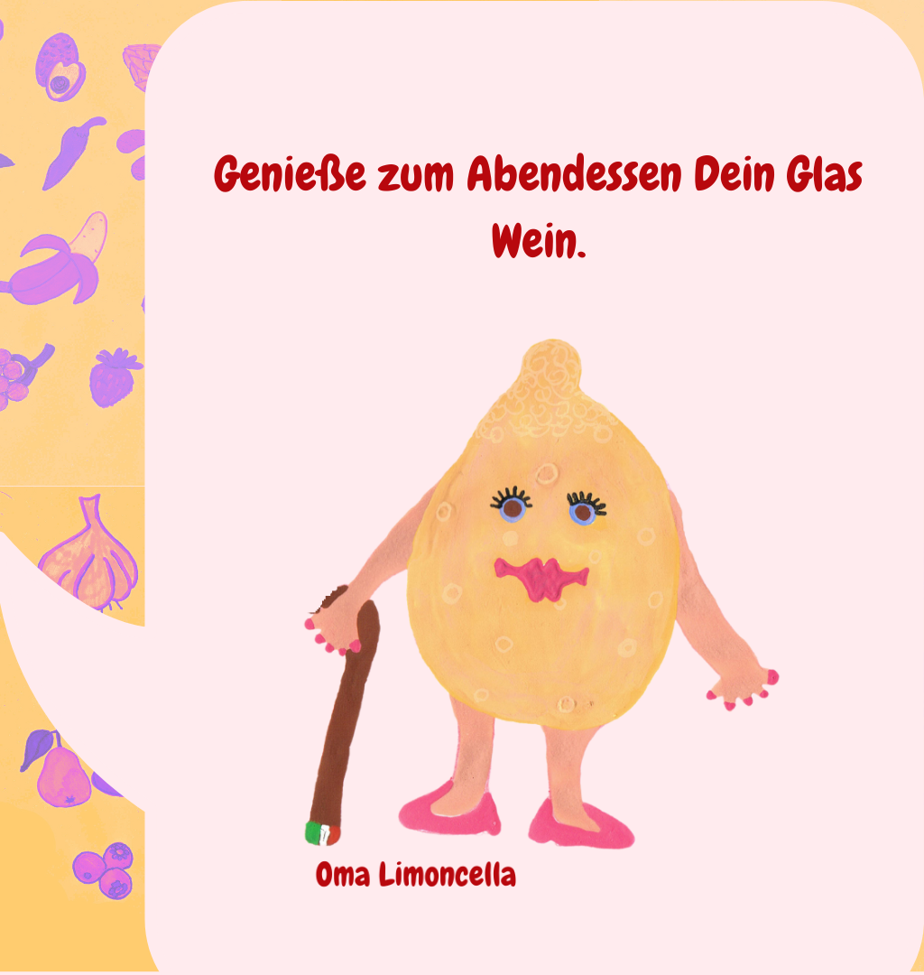 Genieße zum Abendessen Dein Glas Wein.
