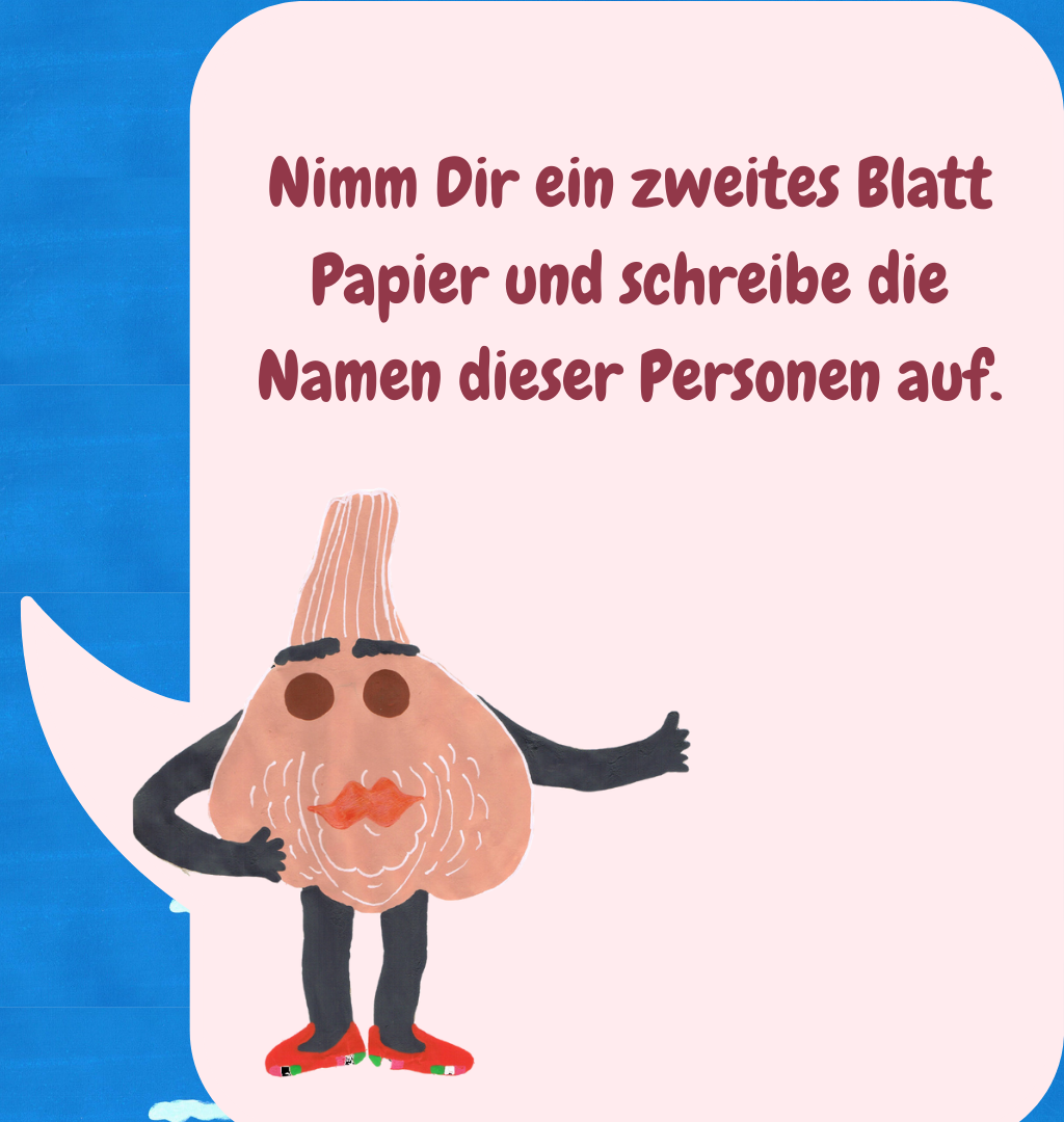 Nimm Dir ein zweites Blatt Papier und schreibe die Namen dieser Personen auf.