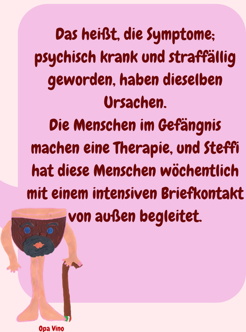 Das heißt, die Symptome; psychisch krank und straffällig geworden, haben dieselben Ursachen.
Die Menschen im Gefängnis machen eine Therapie, und Steffi hat diese Menschen wöchentlich mit einem intensiven Briefkontakt von außen begleitet.
