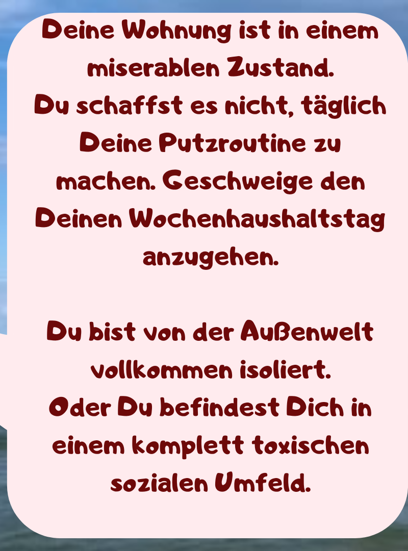 Deine Wohnung ist in einem miserablen Zustand.
Du schaffst es nicht, täglich Deine Putzroutine zu machen. Geschweige den Deinen Wochenhaushaltstag anzugehen.
Du bist von der Außenwelt vollkommen isoliert.
Oder Du befindest Dich in einem komplett toxischen sozialen Umfeld.
