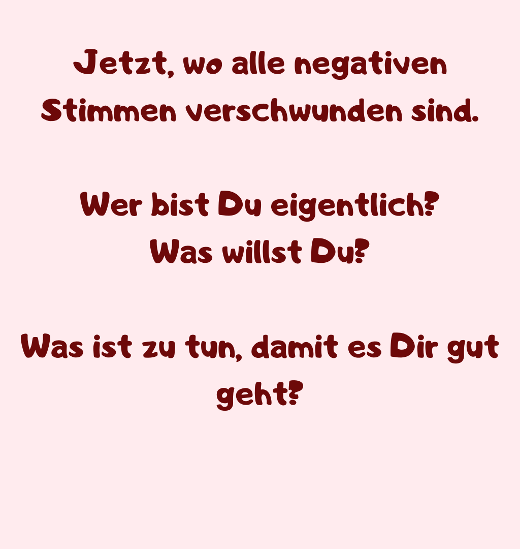 Jetzt, wo alle negativen Stimmen verschwunden sind.
Wer bist Du eigentlich?
Was willst Du?
Was ist zu tun, damit es Dir gut geht?

