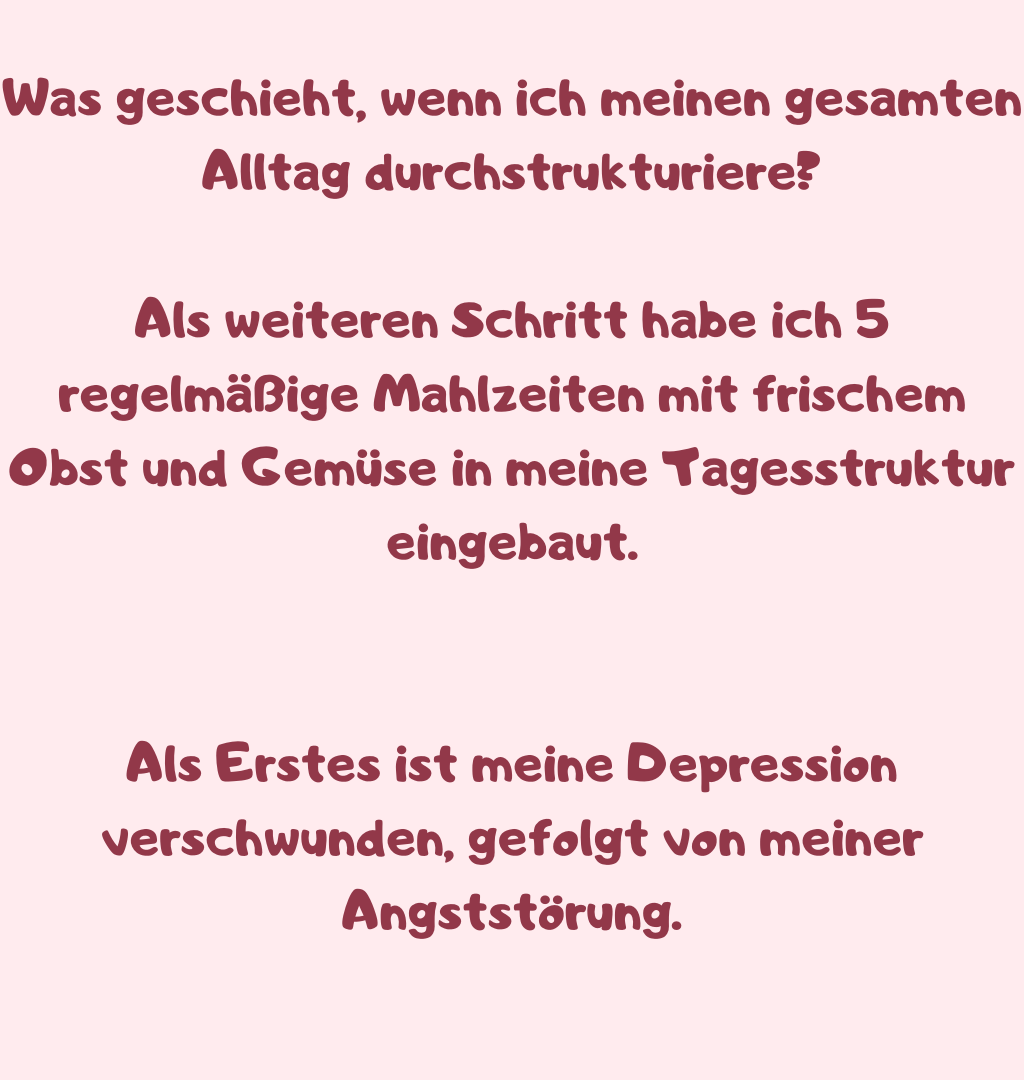 Was geschieht, wenn ich meinen gesamten Alltag durchstrukturiere?
Als weiteren Schritt habe ich 5 regelmäßige Mahlzeiten mit frischem Obst und Gemüse in meine Tagesstruktur eingebaut.
Als Erstes ist meine Depression verschwunden, gefolgt von meiner Angststörung.
