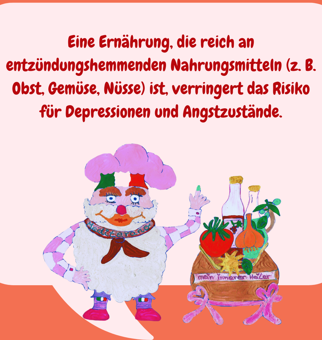 Eine Ernährung, die reich an entzündungshemmenden Nahrungsmitteln (z. B. Obst, Gemüse, Nüsse) ist, verringert das Risiko für Depressionen und Angstzustände.