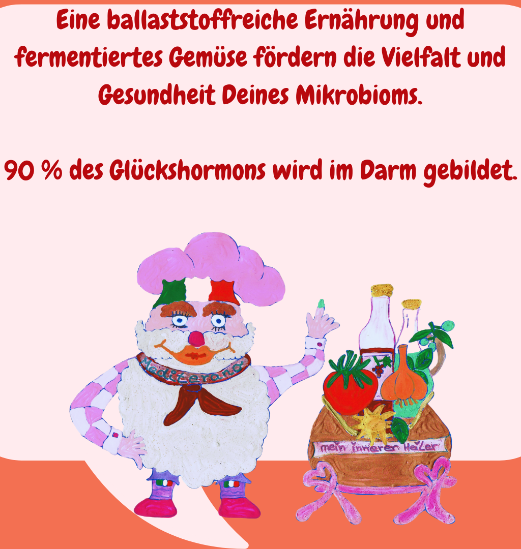 Eine ballaststoffreiche Ernährung und fermentiertes Gemüse fördern die Vielfalt und Gesundheit Deines Mikrobioms.
90 % des Glückshormons wird im Darm gebildet.
