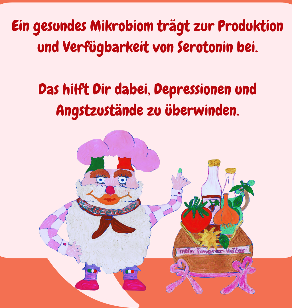 Ein gesundes Mikrobiom trägt zur Produktion und Verfügbarkeit von Serotonin bei.
Das hilft Dir dabei, Depressionen und Angstzustände zu überwinden.
