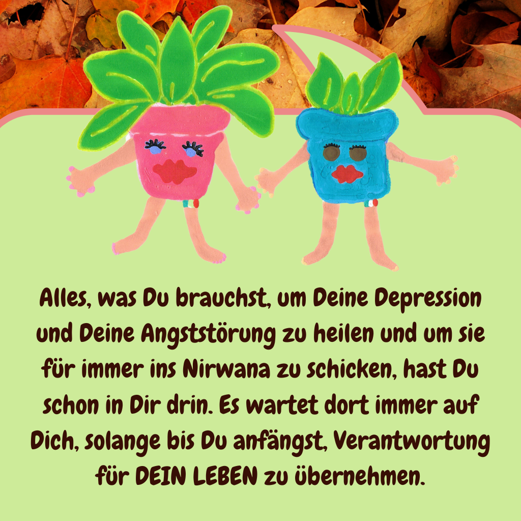 Alles, was Du brauchst, um Deine Depression und Deine Angststörung zu heilen und um sie für immer ins Nirwana zu schicken, hast Du schon in Dir drin. Es wartet dort immer auf Dich, solange bis Du anfängst, Verantwortung für DEIN LEBEN zu übernehmen.
