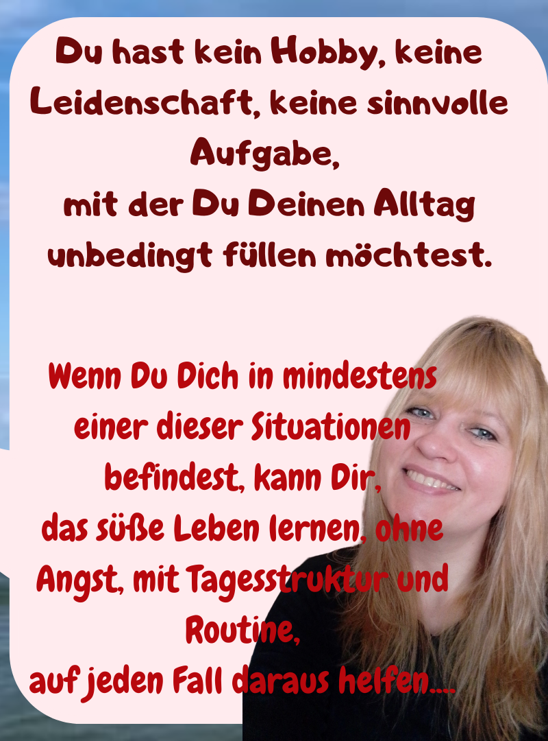 Du hast kein Hobby, keine Leidenschaft, keine sinnvolle Aufgabe, 
mit der Du Deinen Alltag unbedingt füllen möchtest.
Wenn Du Dich in mindestens einer dieser Situationen befindest, kann Dir,
das süße Leben lernen, ohne Angst, mit Tagesstruktur und Routine,
auf jeden Fall daraus helfen....