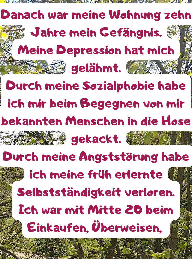 Danach war meine Wohnung zehn Jahre mein Gefängnis.
Meine Depression hat mich gelähmt.
Durch meine Sozialphobie habe ich mir beim Begegnen von mir bekannten Menschen in die Hose gekackt.
Durch meine Angststörung habe ich meine früh erlernte Selbstständigkeit verloren.
Ich war mit Mitte 20 beim Einkaufen, Überweisen,