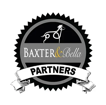 A logo for baxter & bella partners with a horse and a ribbon.