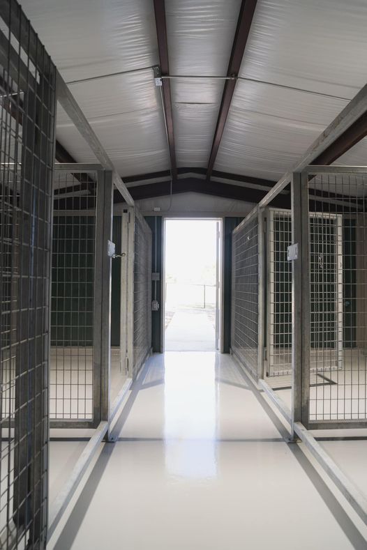 A hallway in a building with a fence and a door open.