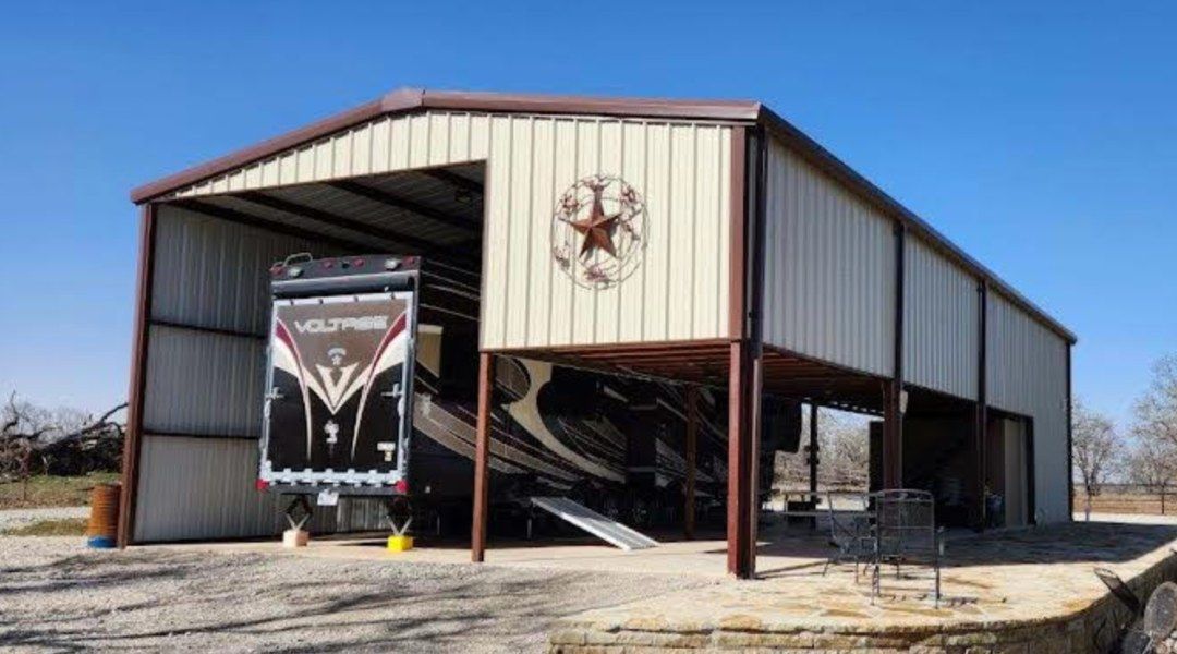 A large metal building with a texas star on the side.