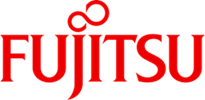 The fujitsu logo is red and white on a white background.
