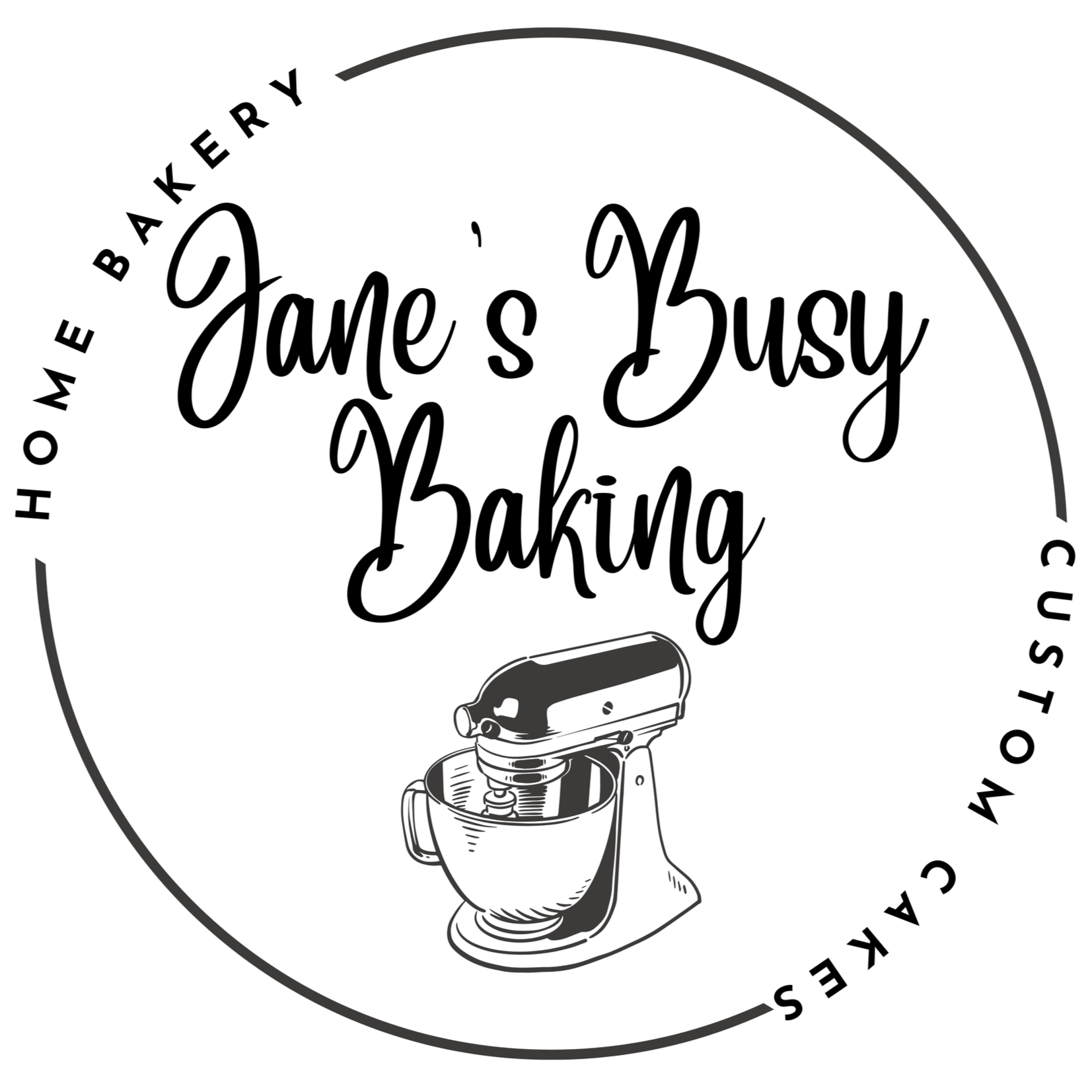 Logo for Jane's Busy Baking, featuring text, a mixer illustration, and a surrounding circle.