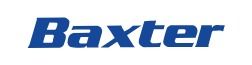 El logotipo de Baxter es azul y blanco sobre un fondo blanco.