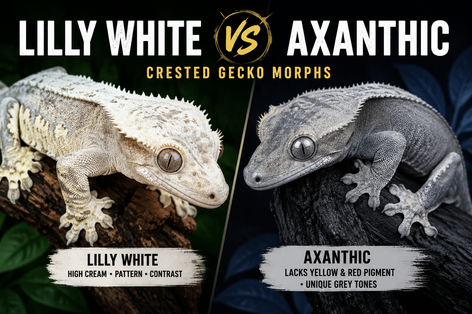 Lilly White vs Axanthic Crested Gecko Morphs