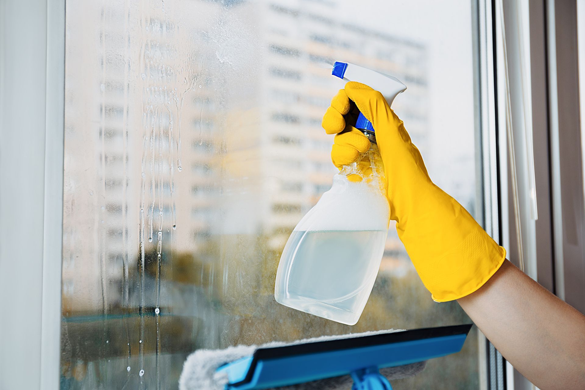 Cleaning a Window with A Spray Bottle