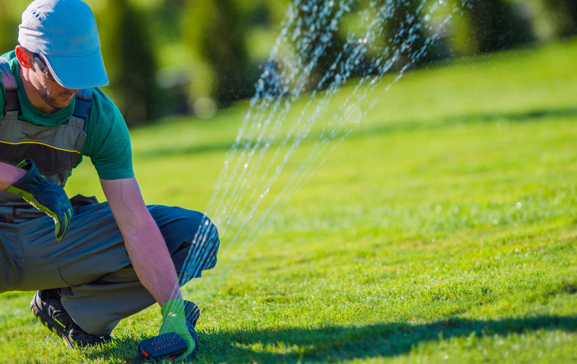 A man is kneeling down and watering a lawn with a sprinkler.