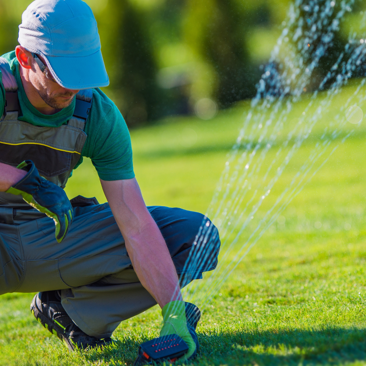 A man is kneeling down to water a lawn with a sprinkler.